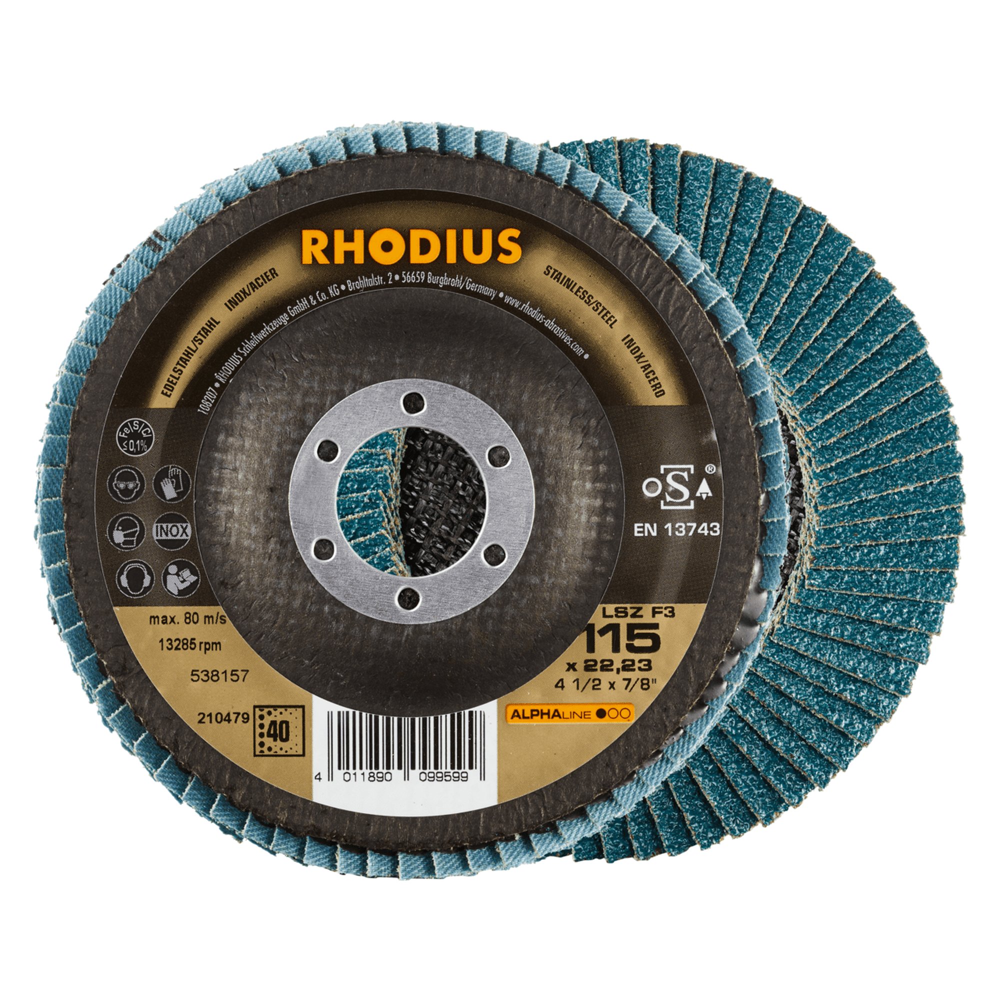 10 x RHODIUS Fächerschleifscheibe Fächerscheibe LSZ F3 Ø 115 mm Korn 40