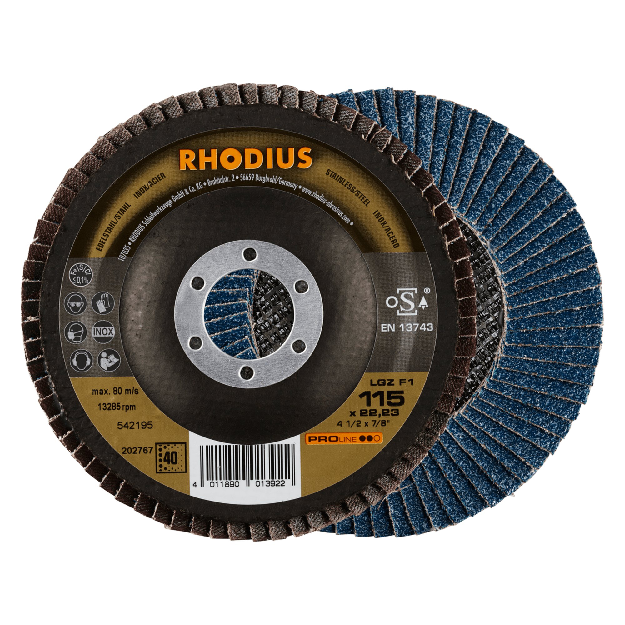 10 x RHODIUS Fächerschleifscheibe Fächerscheibe LGZ F1 Ø 115 mm Korn 40