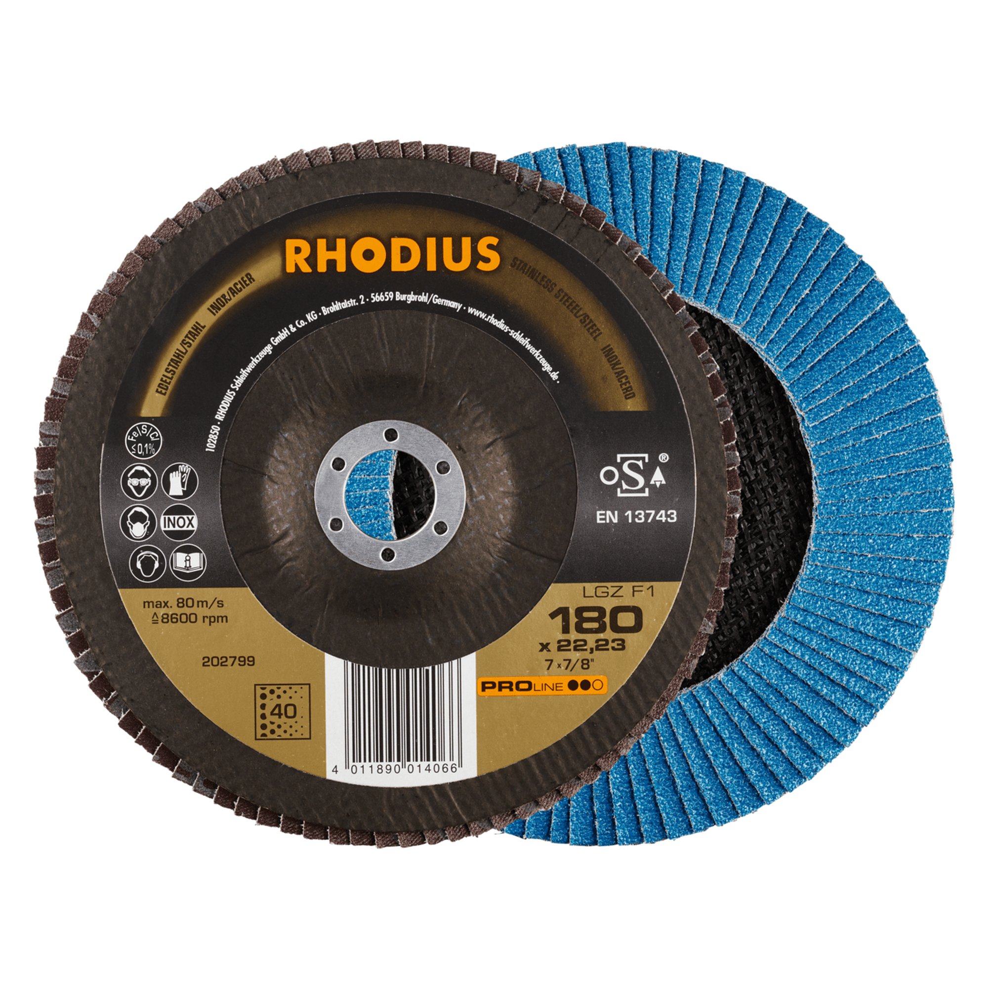 10 x RHODIUS Fächerschleifscheibe Fächerscheibe LGZ F1 Ø 180 mm Korn 40