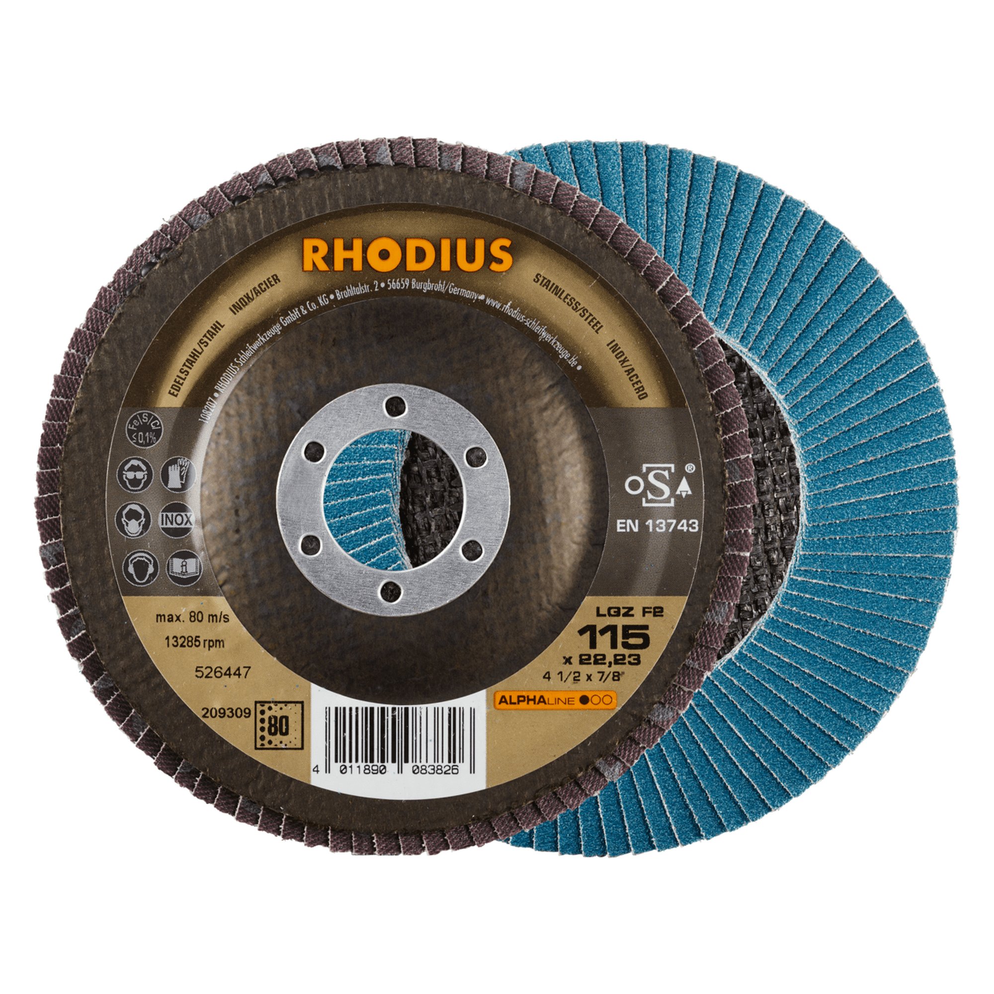 10 x RHODIUS Fächerschleifscheibe Fächerscheibe LGZ F2 Ø 115 mm Korn 80