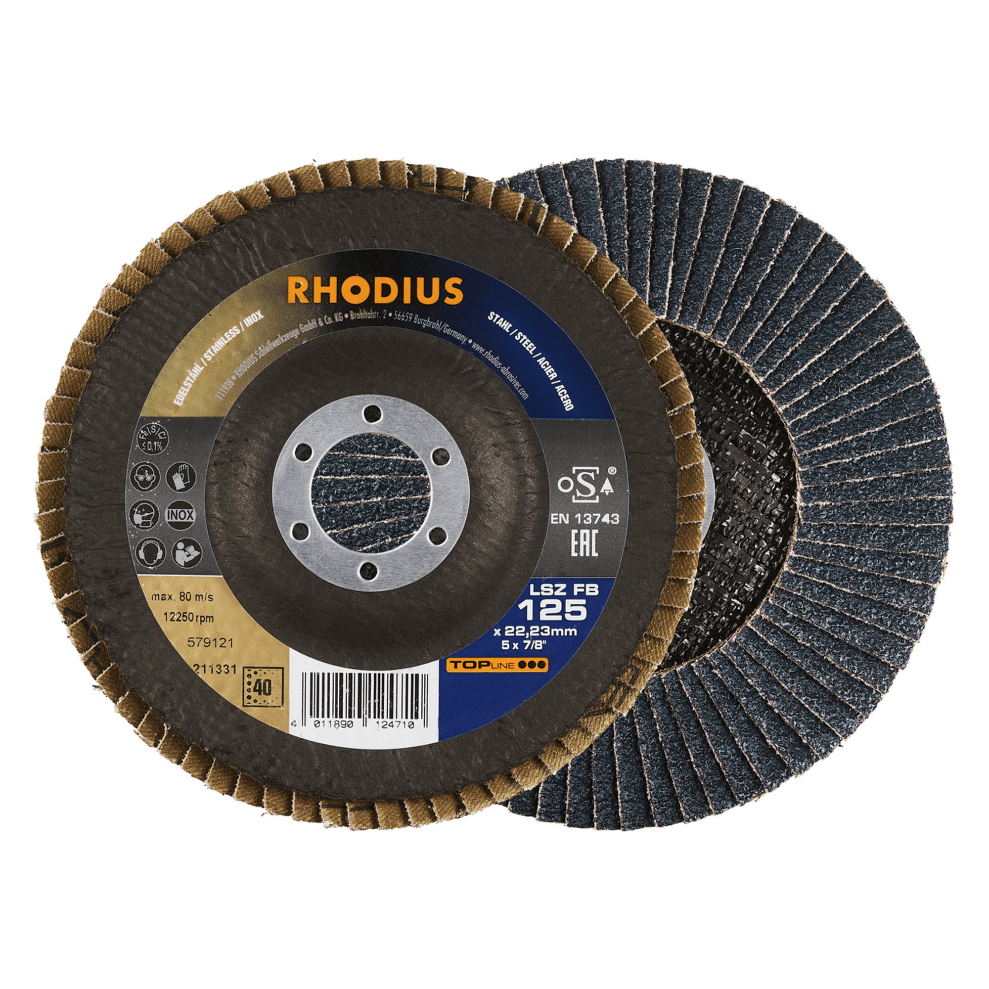 10 x RHODIUS Fächerschleifscheibe Fächerscheibe LSZ FB Ø 125 mm Korn 40