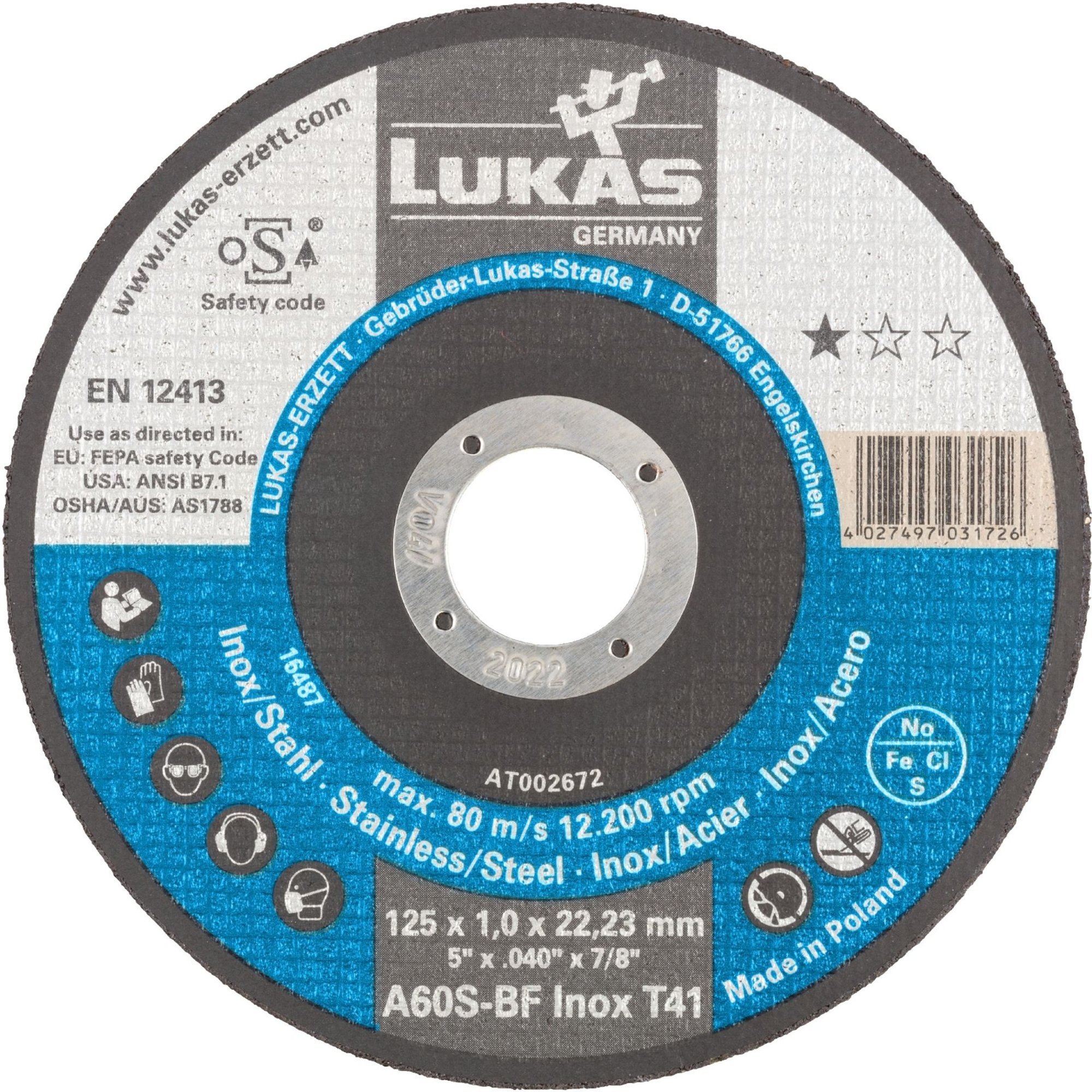 50x LUKAS Trennscheibe T41 für Edelstahl 115x1 mm gerade A60S-BF