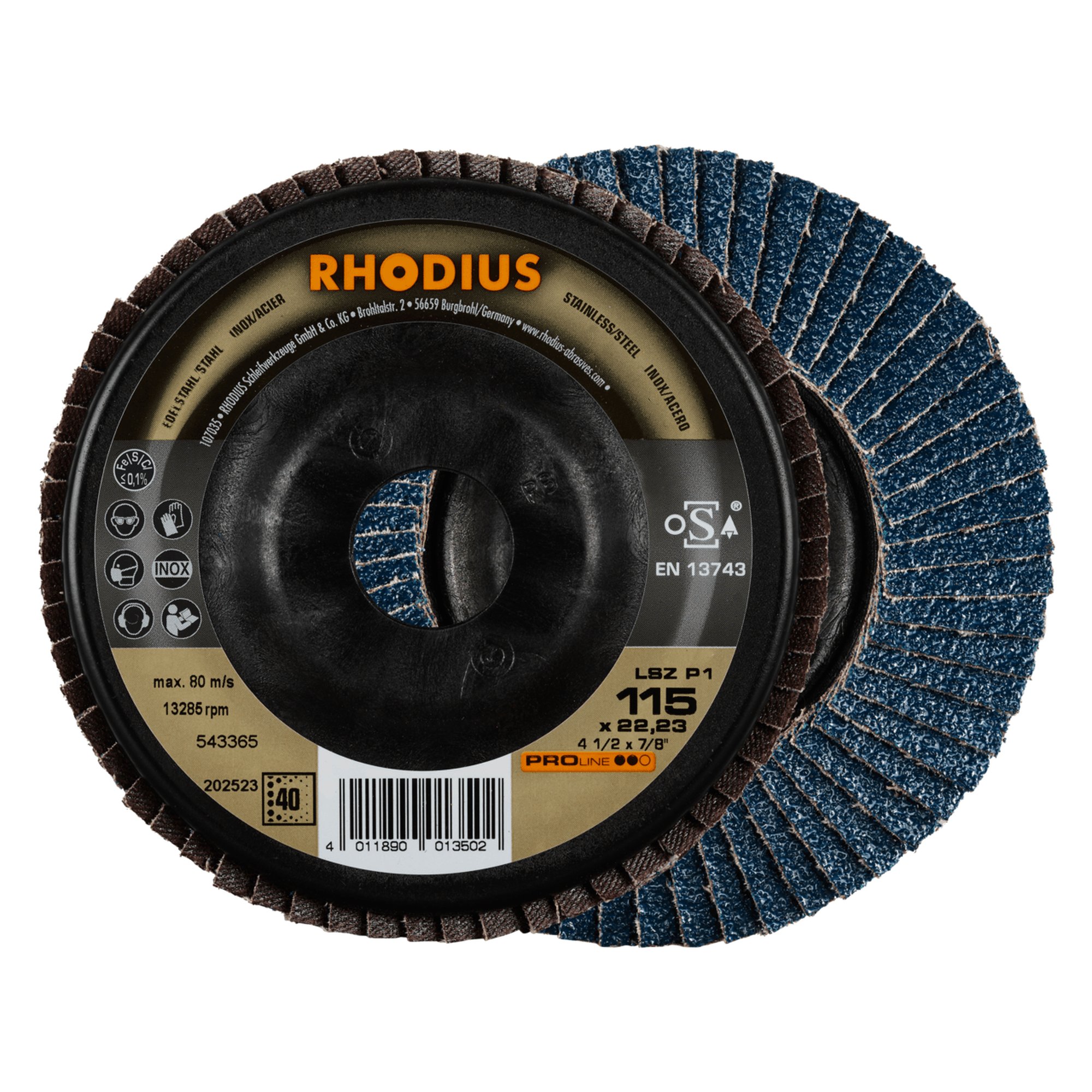 10 x RHODIUS Fächerschleifscheibe Fächerscheibe LSZ P1 Ø 115 mm Korn 40