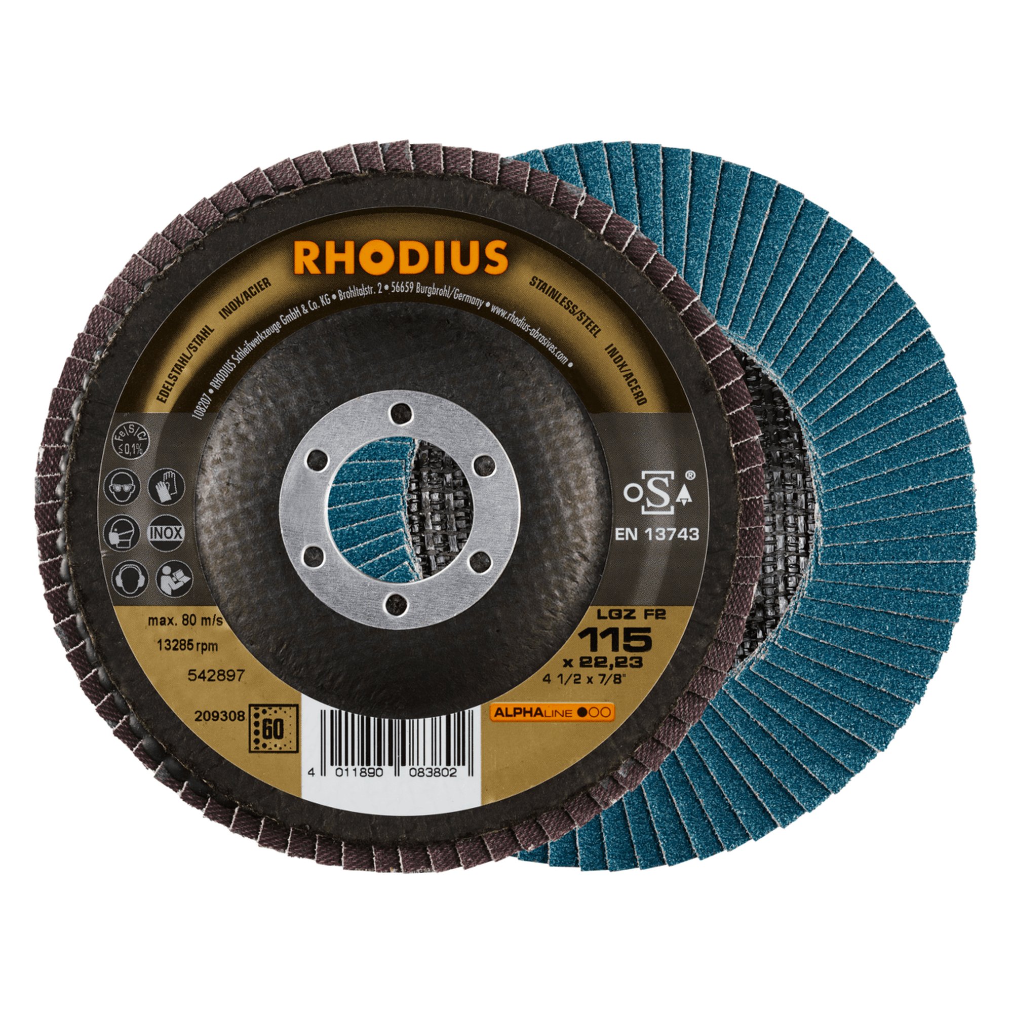 10 x RHODIUS Fächerschleifscheibe Fächerscheibe LGZ F2 Ø 115 mm Korn 60