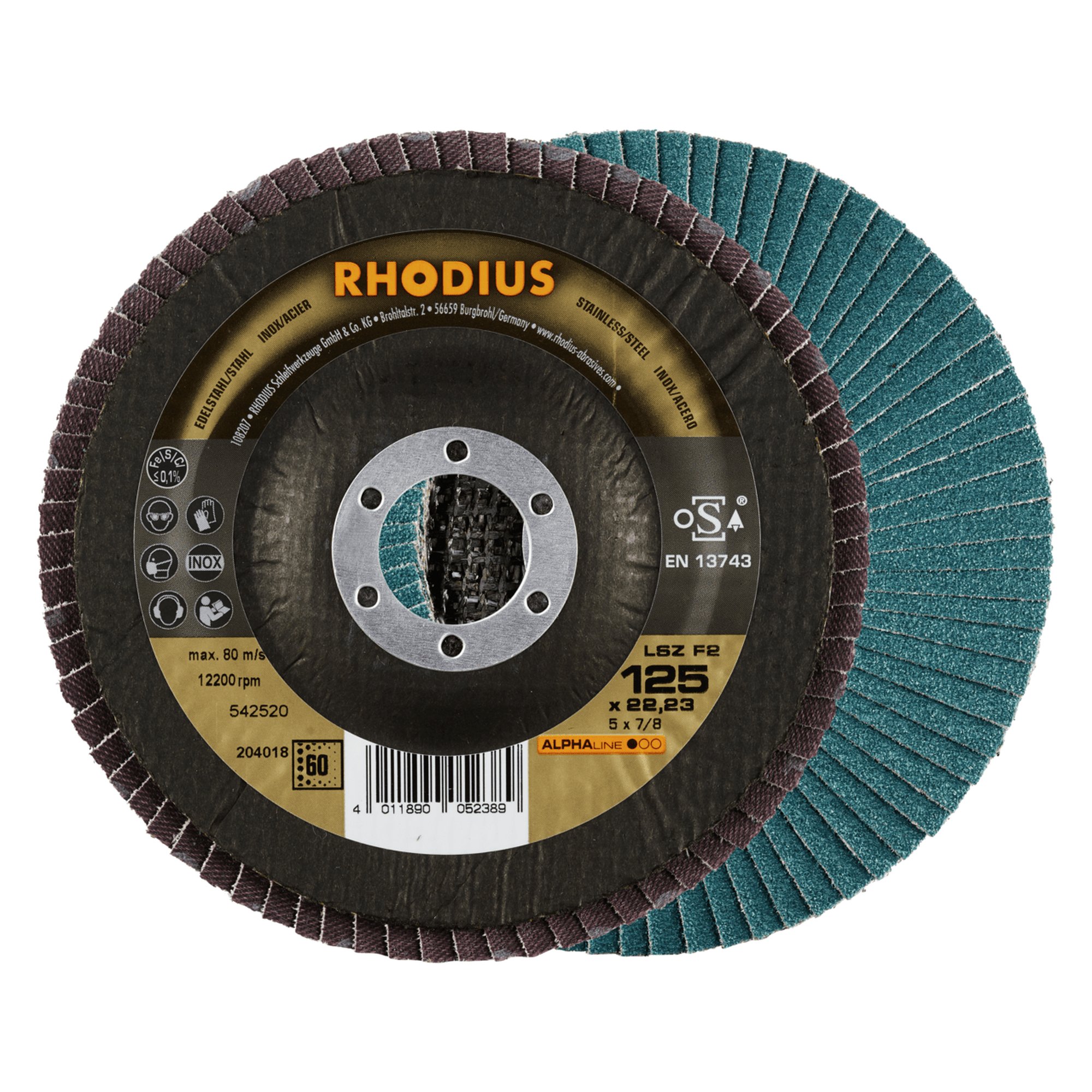 10 x RHODIUS Fächerschleifscheibe Fächerscheibe LSZ F2 Ø 125 mm Korn 60