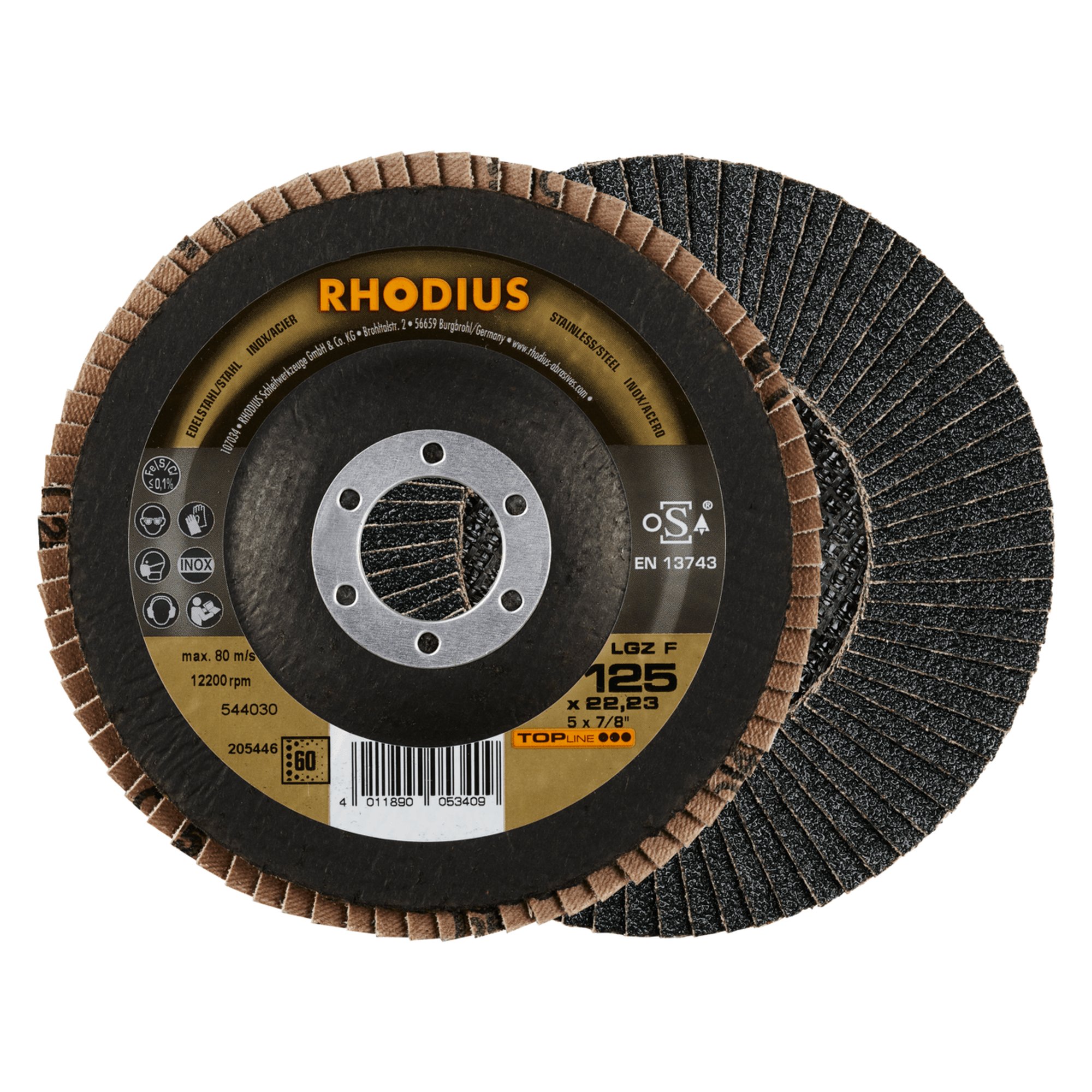 10 x RHODIUS Fächerschleifscheibe Fächerscheibe LGZ F Ø 125 mm Korn 60