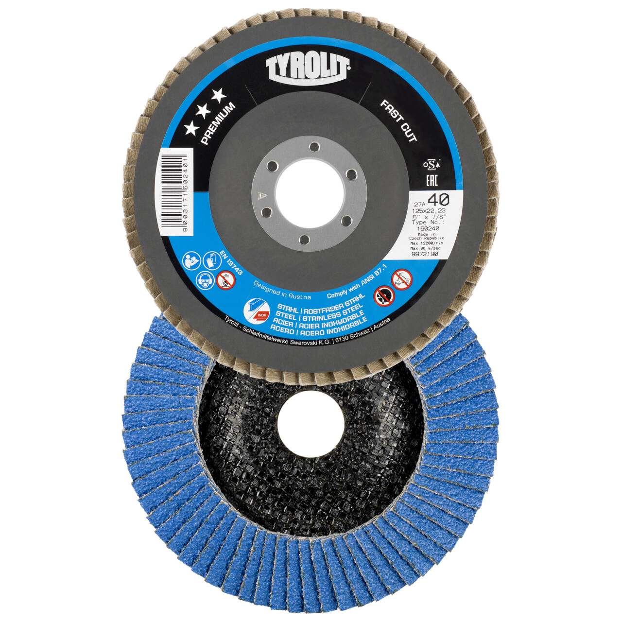 10x Tyrolit Fächerscheibe FASTCUT gerade 125x22,2 mm ZA40 PREMIUM Stahl/Inox