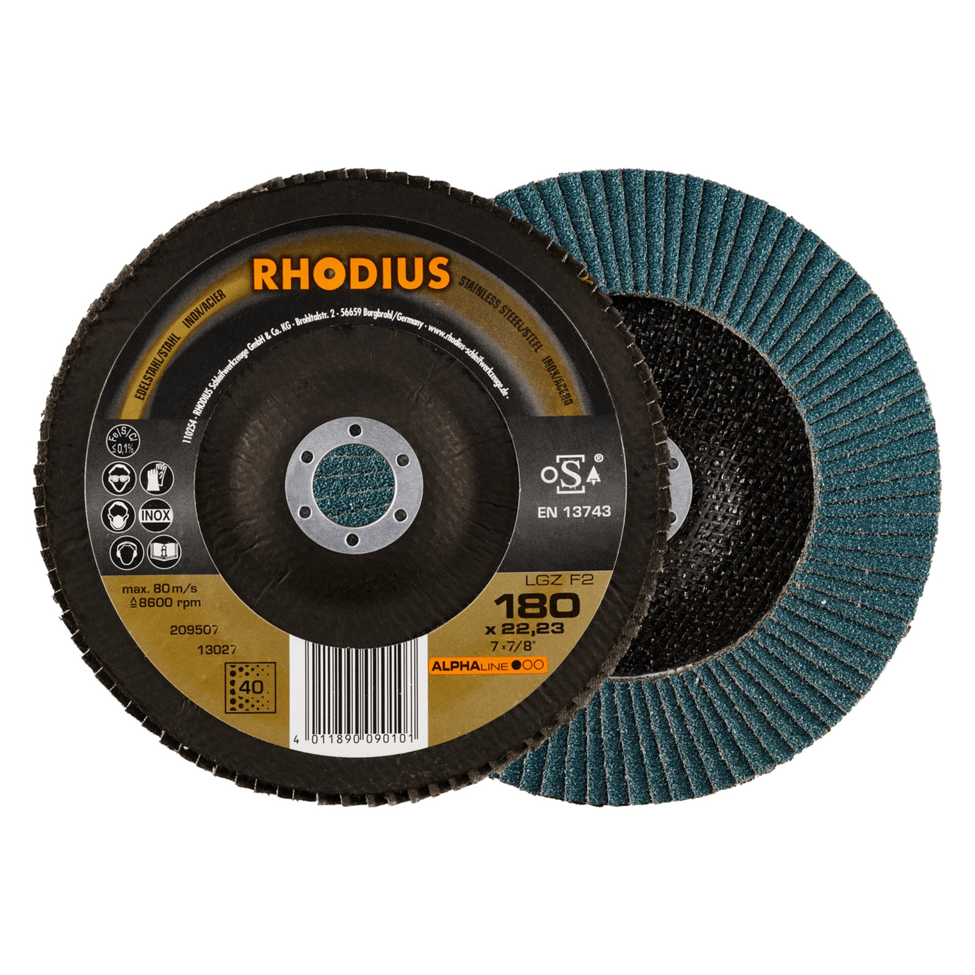 10 x RHODIUS Fächerschleifscheibe Fächerscheibe LGZ F2 Ø 180 mm Korn 40