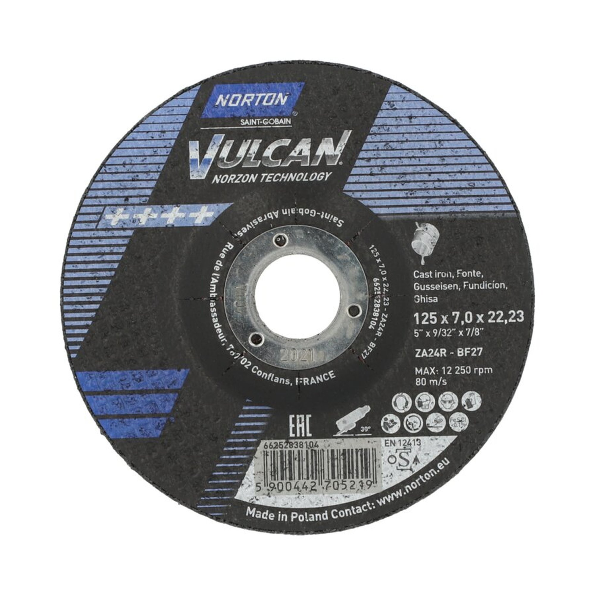 10 x Norton VULCAN Gekröpfte Schruppscheibe für Gusseisen 125x7x22.23mm
