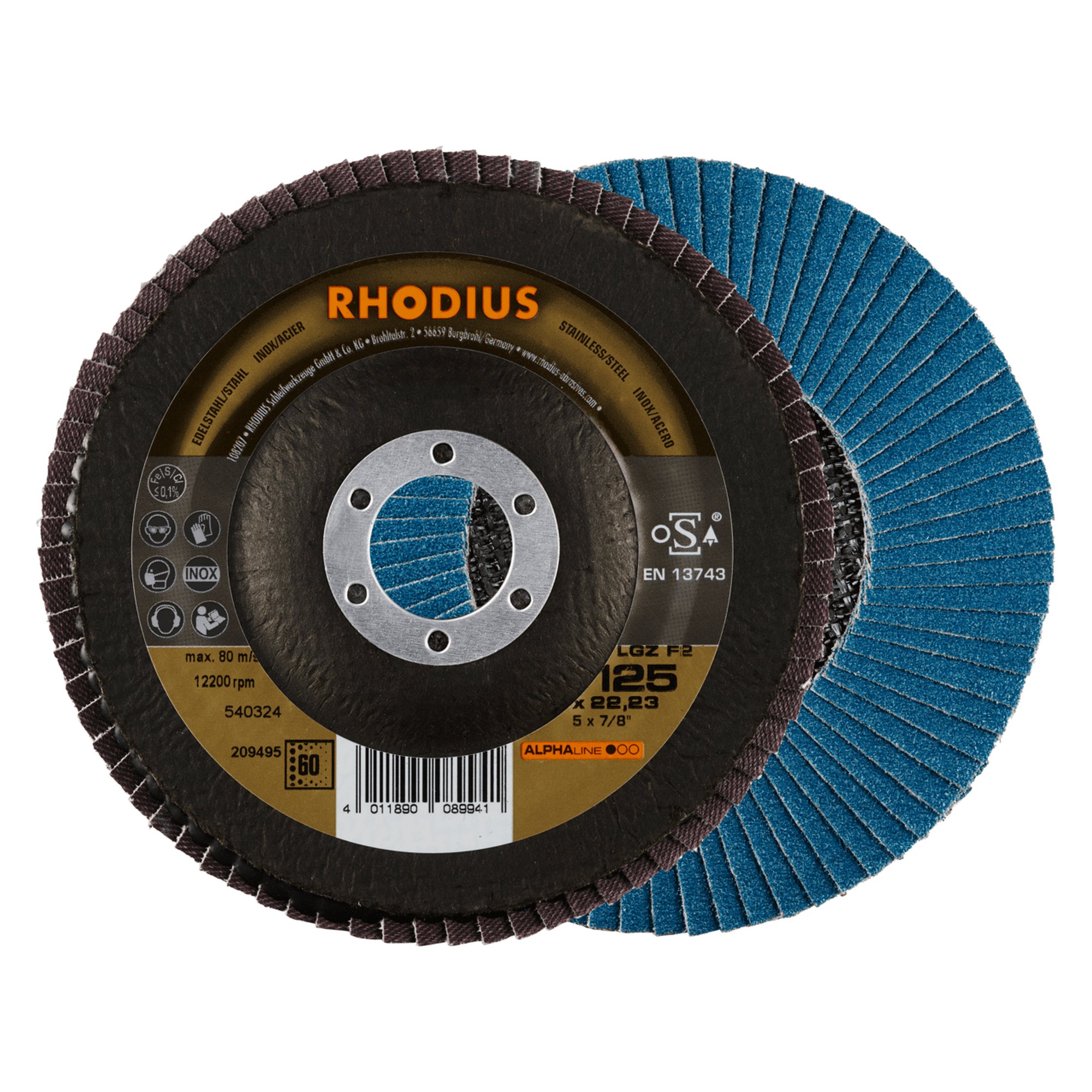 10 x RHODIUS Fächerschleifscheibe Fächerscheibe LGZ F2 Ø 125 mm Korn 60