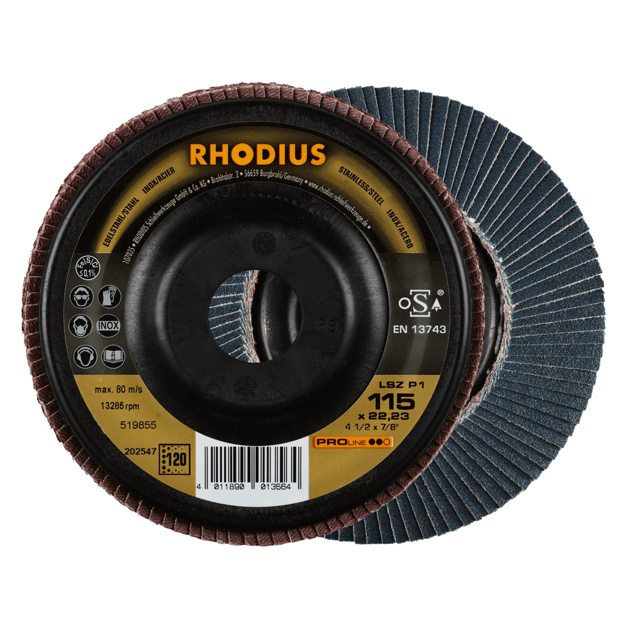 10 x RHODIUS Fächerschleifscheibe Fächerscheibe LSZ P1 Ø 115 mm Korn 120