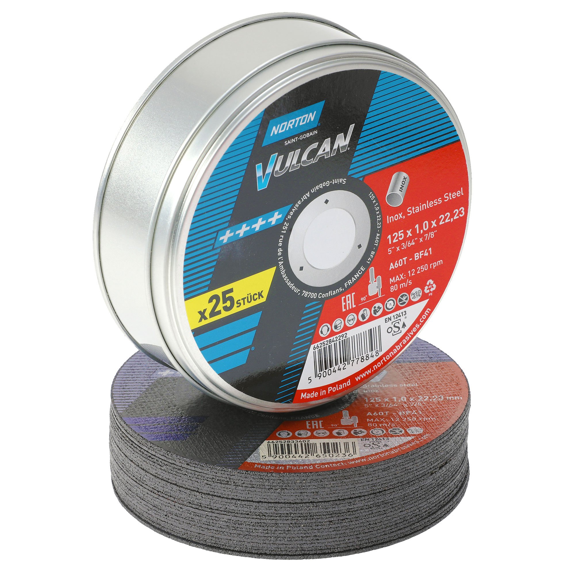Norton VulcanTrennscheibe für Stahl Edelstahl Metall Inox Flexscheibe für Winkelschleifer | Ø 125 mm x 1,0 mm | 25 Stück in Metall-Dose