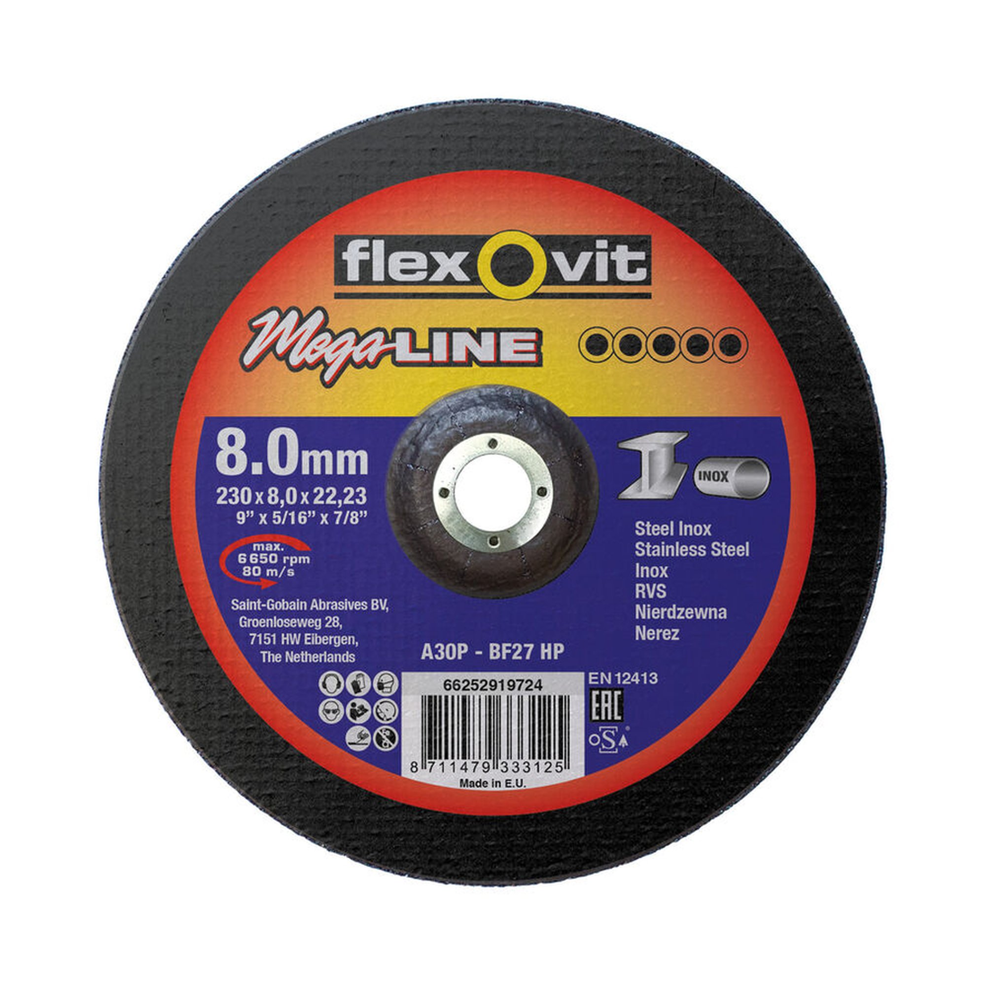 10 x Norton Gekröpfte Schruppscheibe für Inox Flexovit MEGA-LINE 230x8x22.23mm