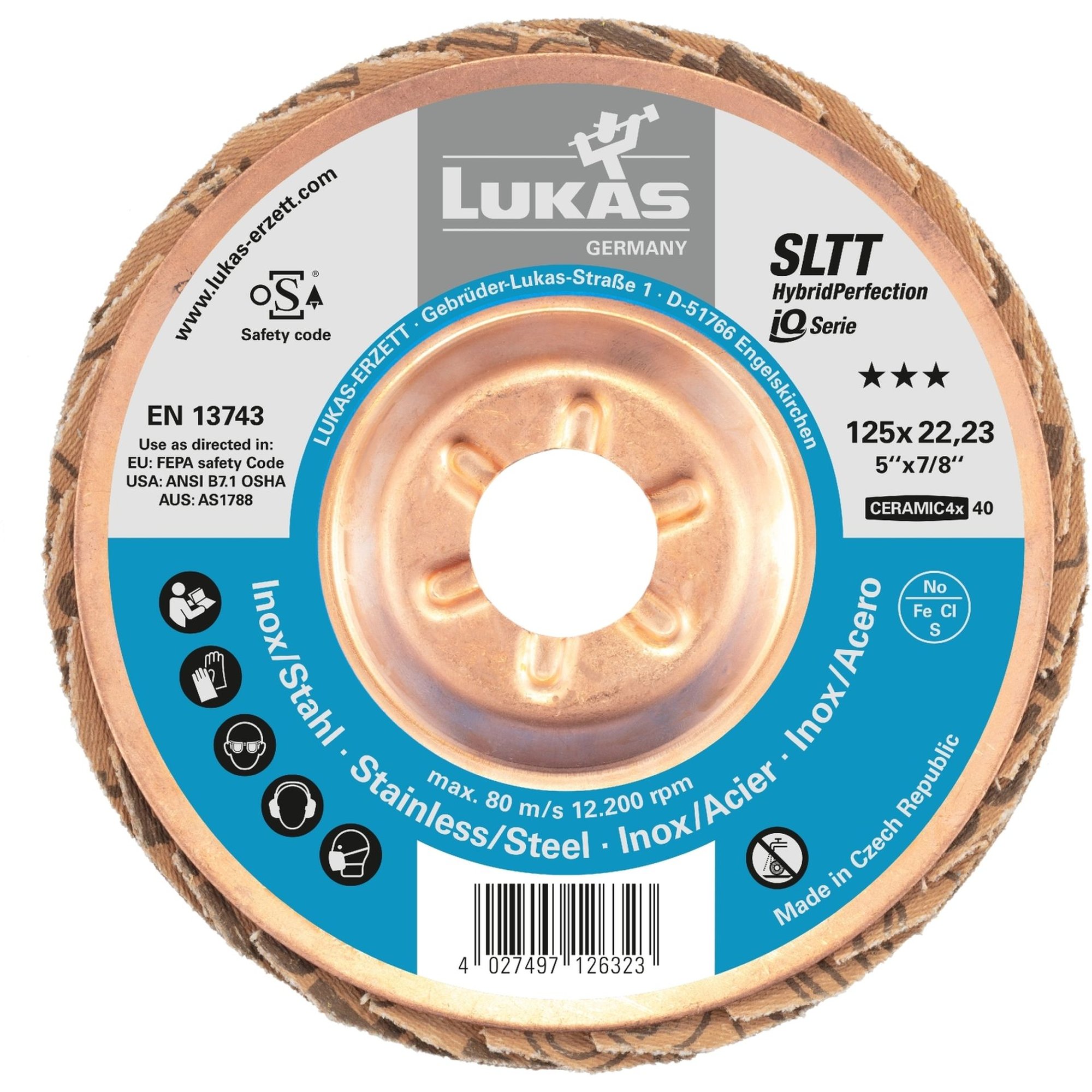 10x LUKAS Fächerschleifscheibe SLTT HybridPerfection Ø 125 mm Ceramic4x Korn 40 | flach