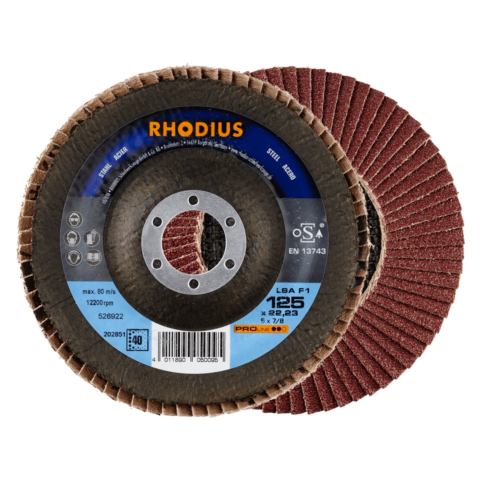 10 x RHODIUS Fächerschleifscheibe Fächerscheibe LSA F1 Ø 125 mm Korn 40