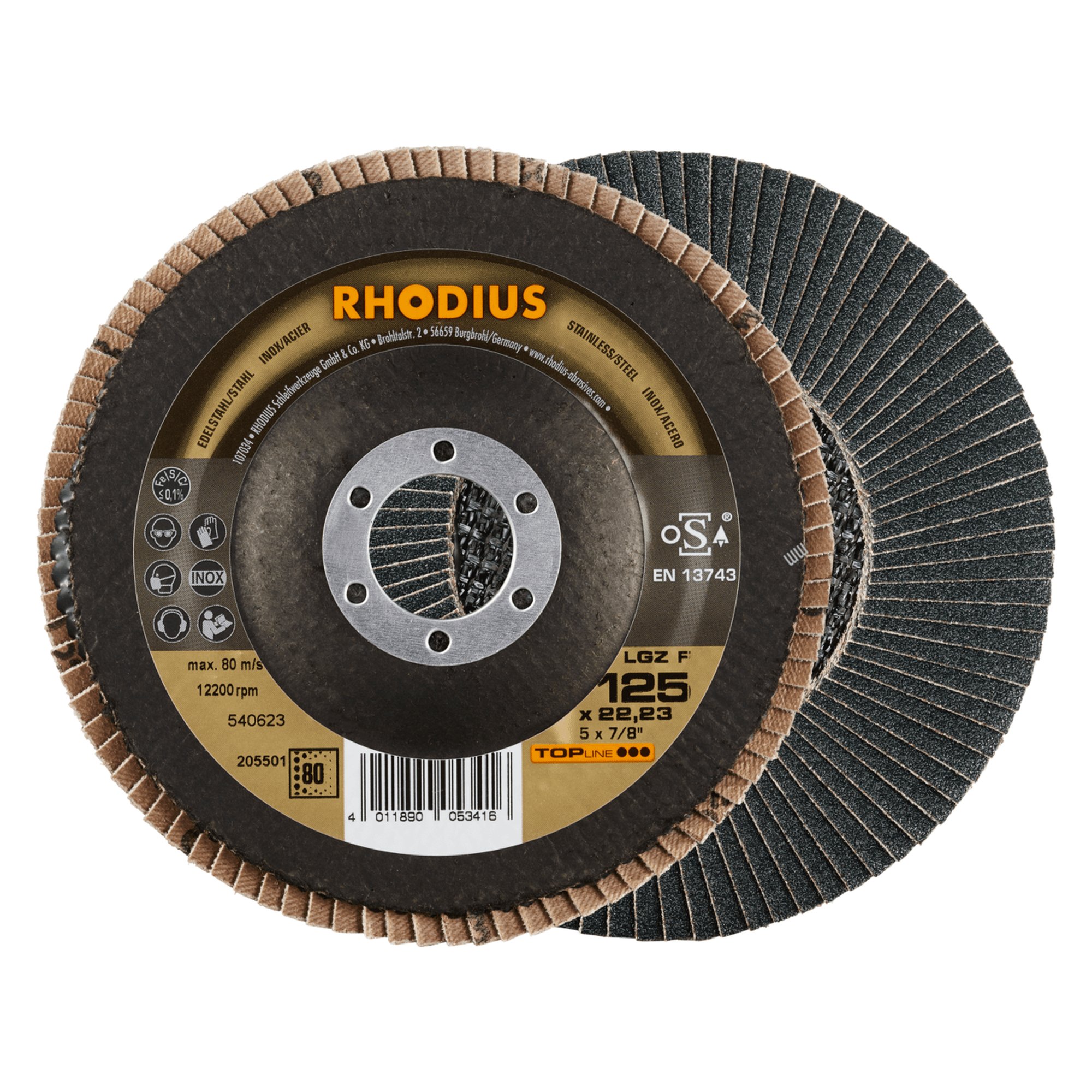 10 x RHODIUS Fächerschleifscheibe Fächerscheibe LGZ F Ø 125 mm Korn 80