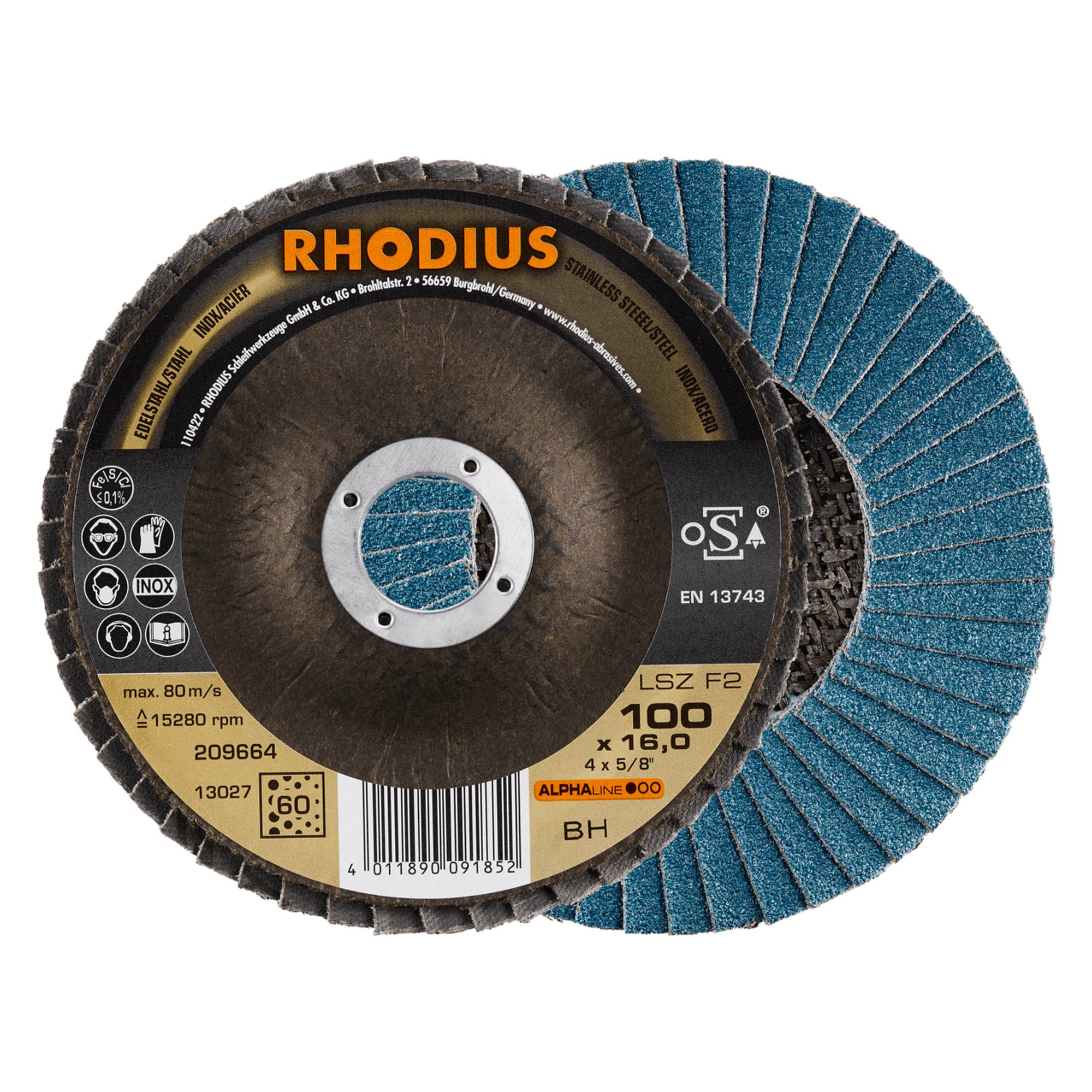 10 x RHODIUS Fächerschleifscheibe Fächerscheibe LSZ F2 Ø 100 mm Korn 60