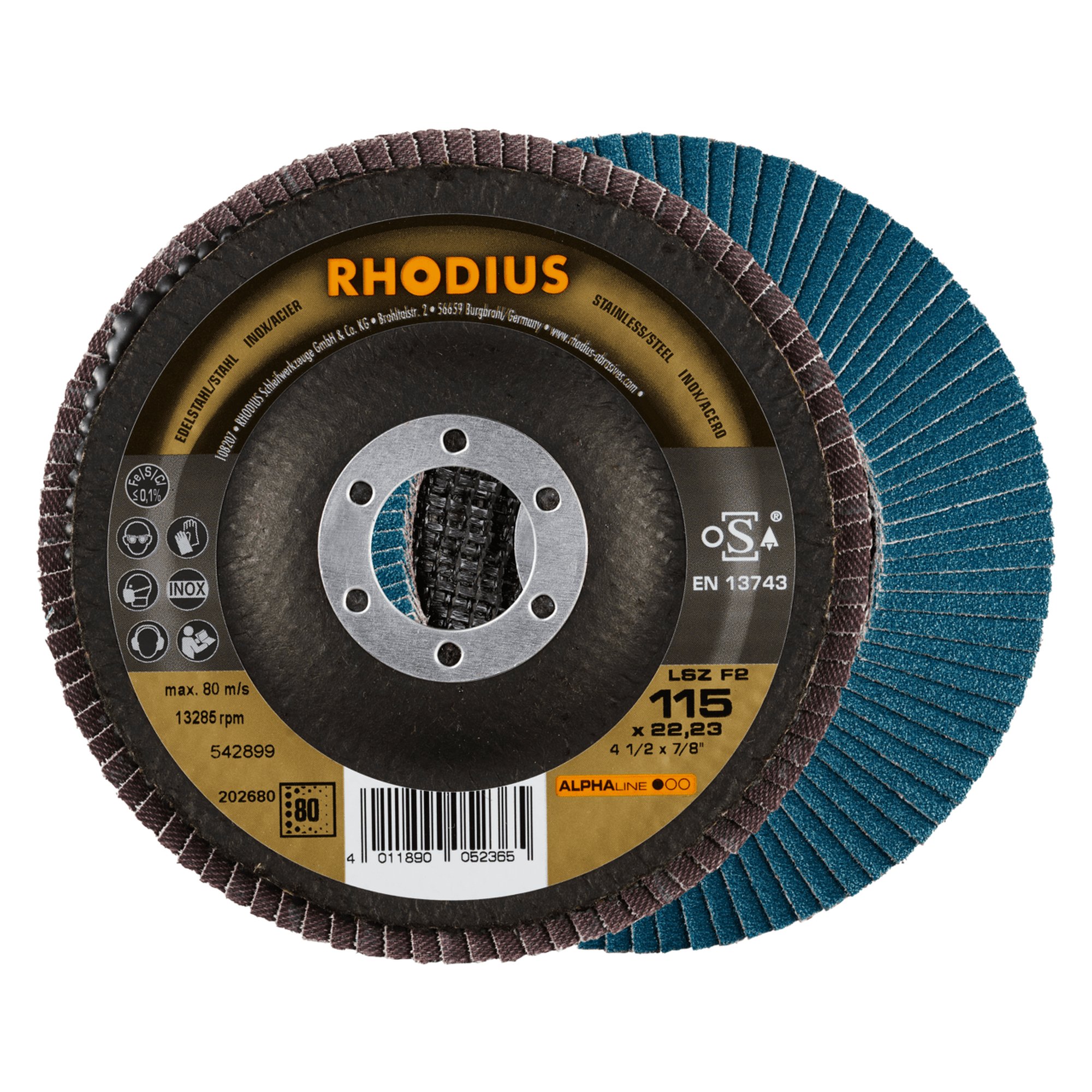 10 x RHODIUS Fächerschleifscheibe Fächerscheibe LSZ F2 Ø 115 mm Korn 80