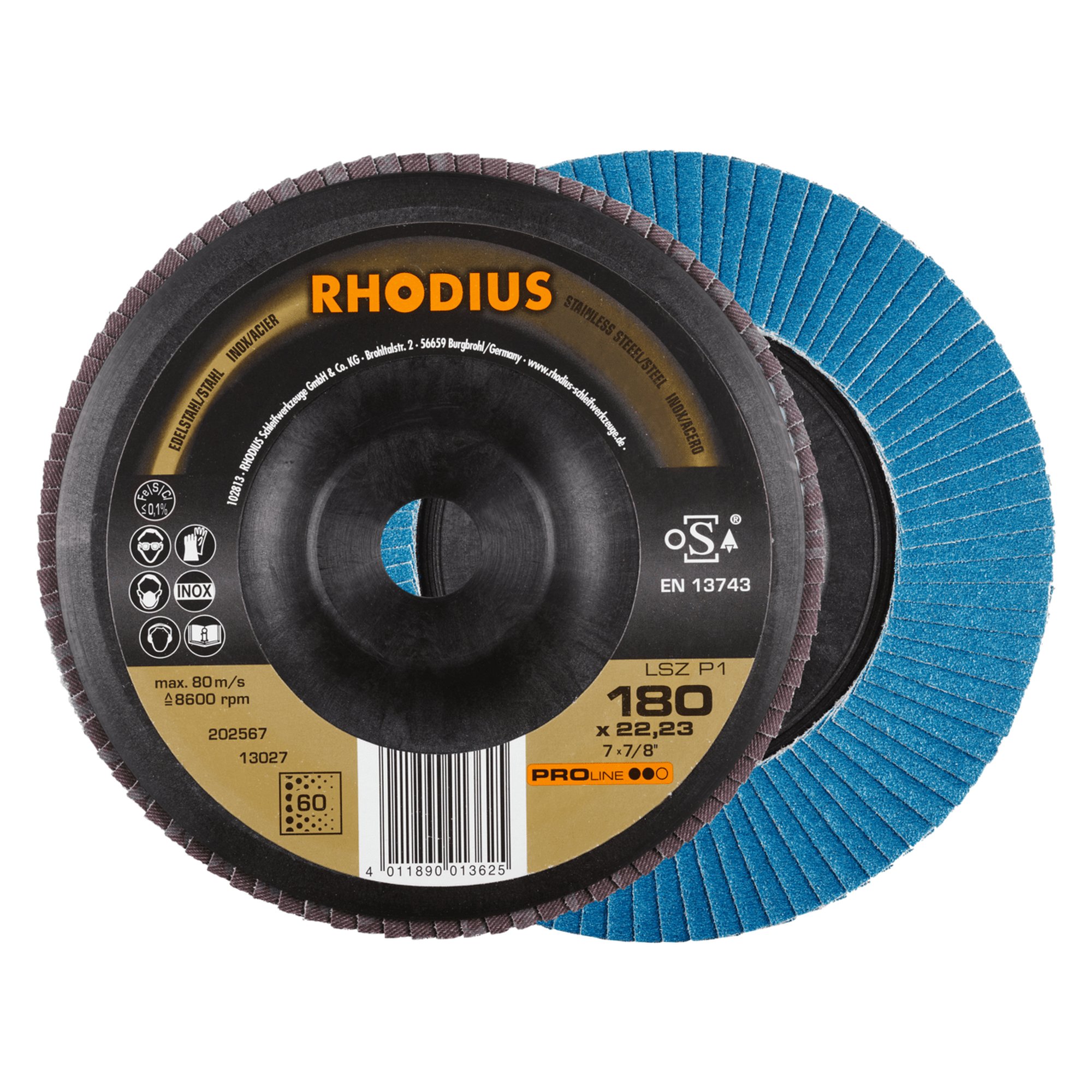 10 x RHODIUS Fächerschleifscheibe Fächerscheibe LSZ P1 Ø 180 mm Korn 60