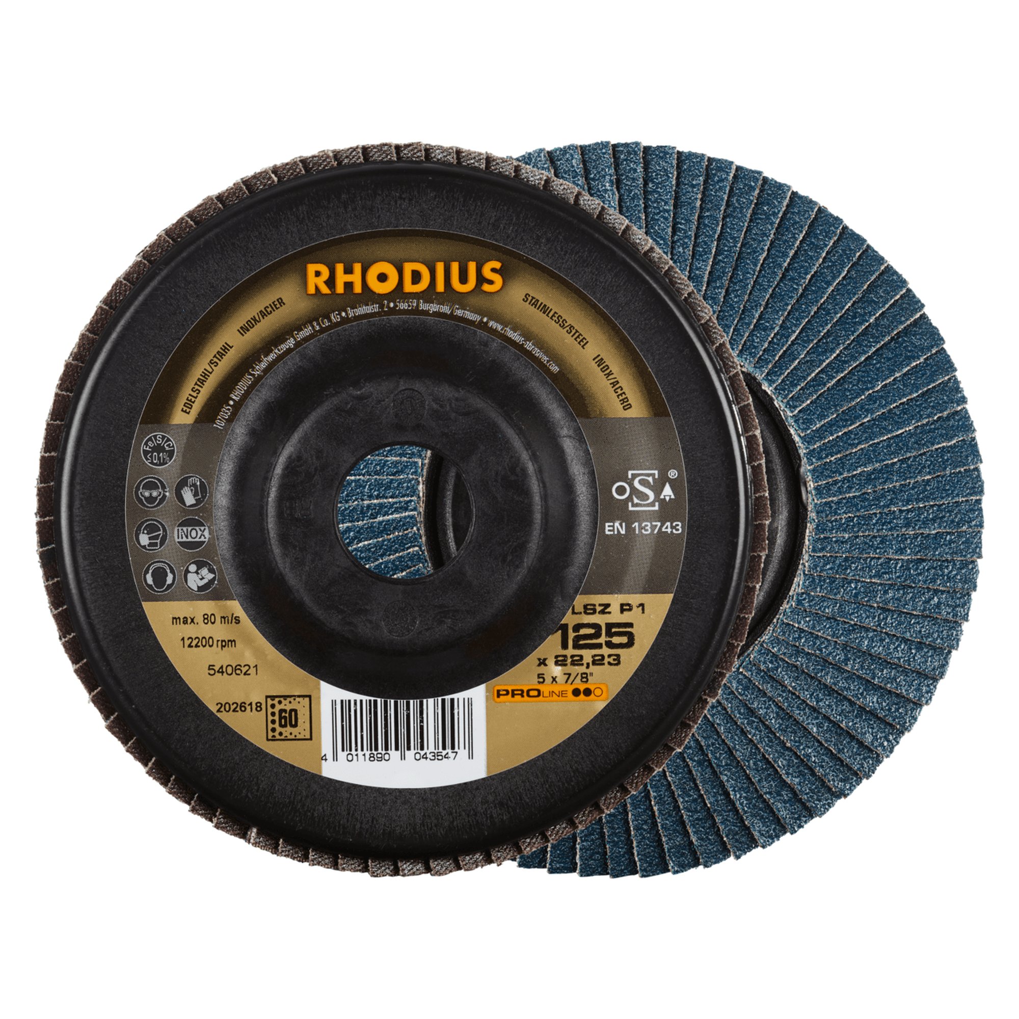 10 x RHODIUS Fächerschleifscheibe Fächerscheibe LSZ P1 Ø 125 mm Korn 60