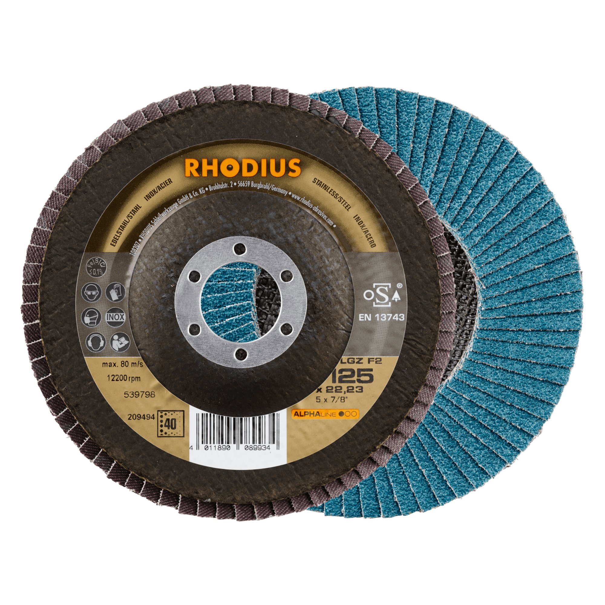 10 x RHODIUS Fächerschleifscheibe Fächerscheibe LGZ F2 Ø 125 mm Korn 40