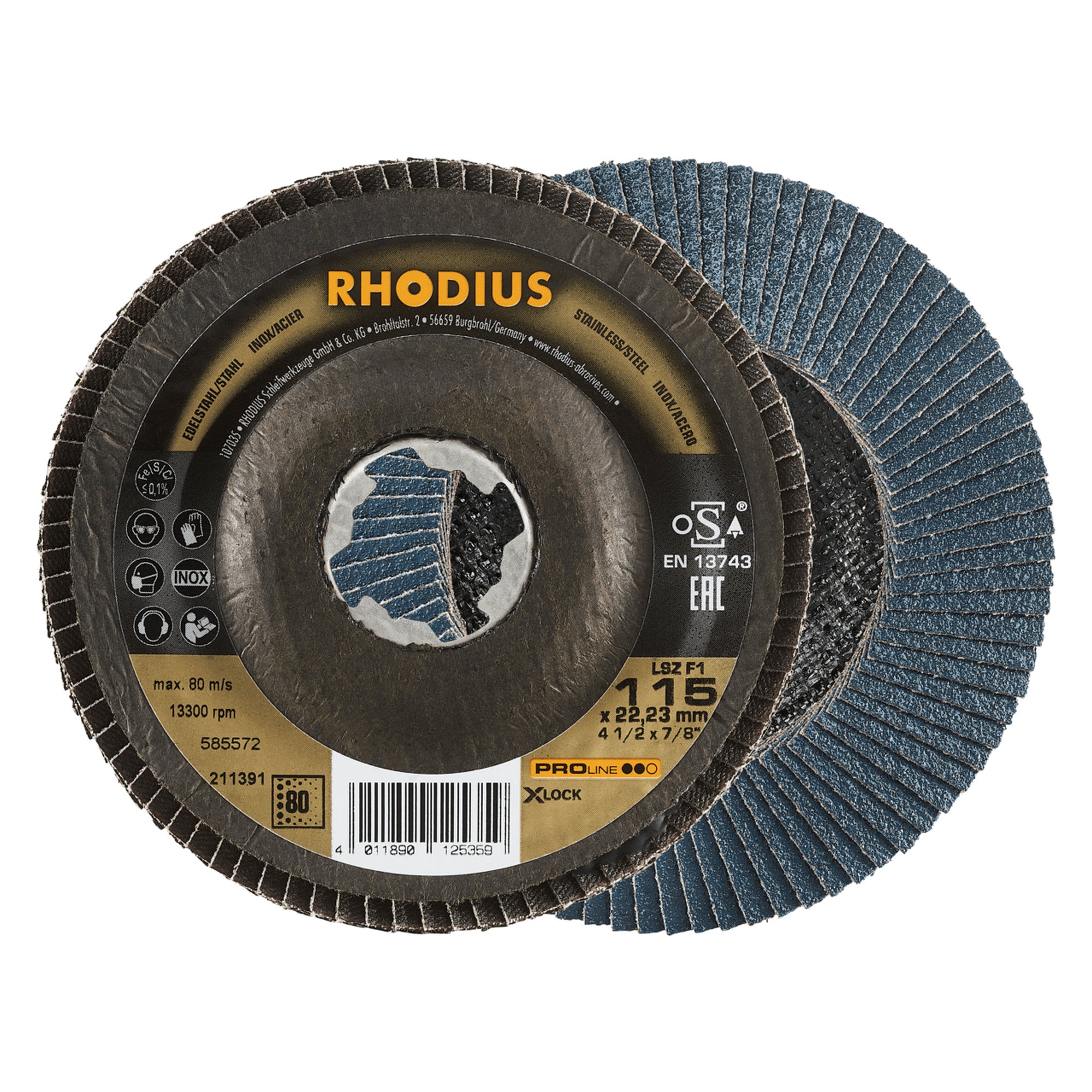 10 x RHODIUS Fächerschleifscheibe Fächerscheibe LSZ F1 X-LOCK Ø 115 mm Korn 80