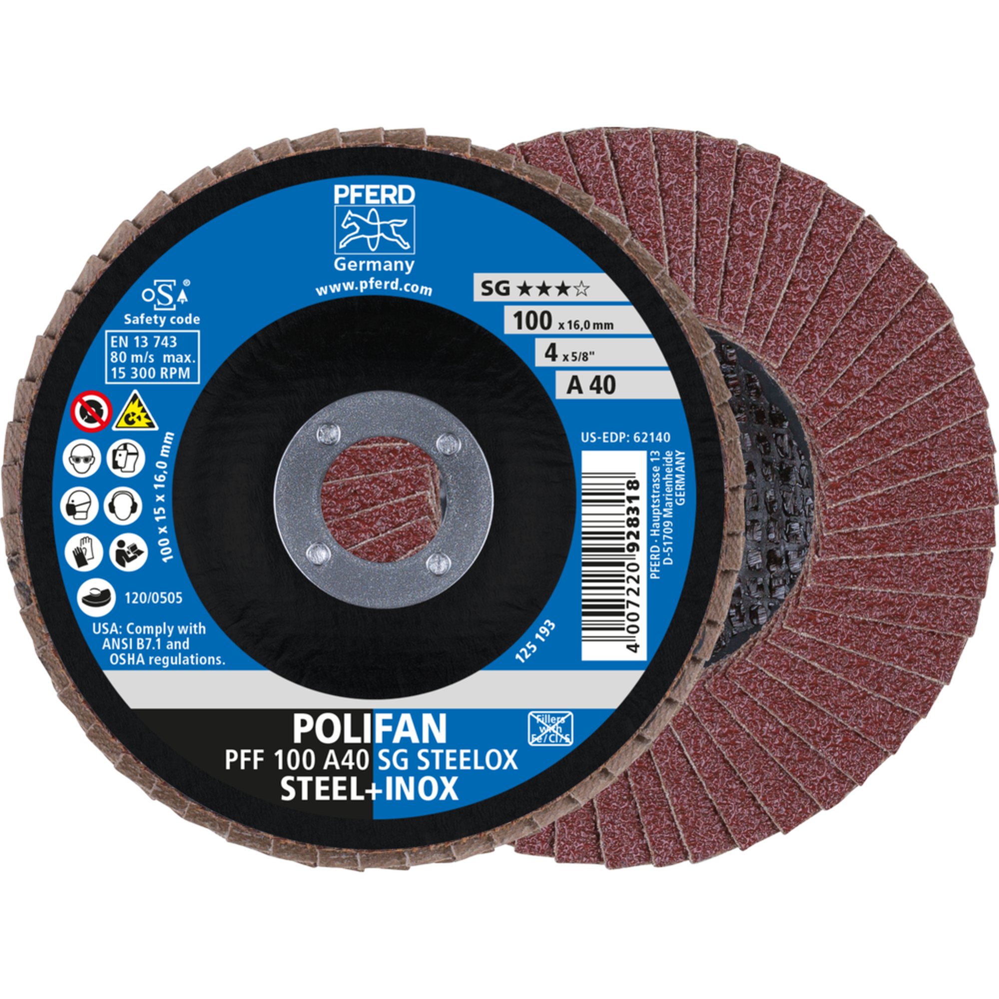 10 x PFERD POLIFAN-Fächerscheibe PFF 100 A 40 SG STEELOX/16,0