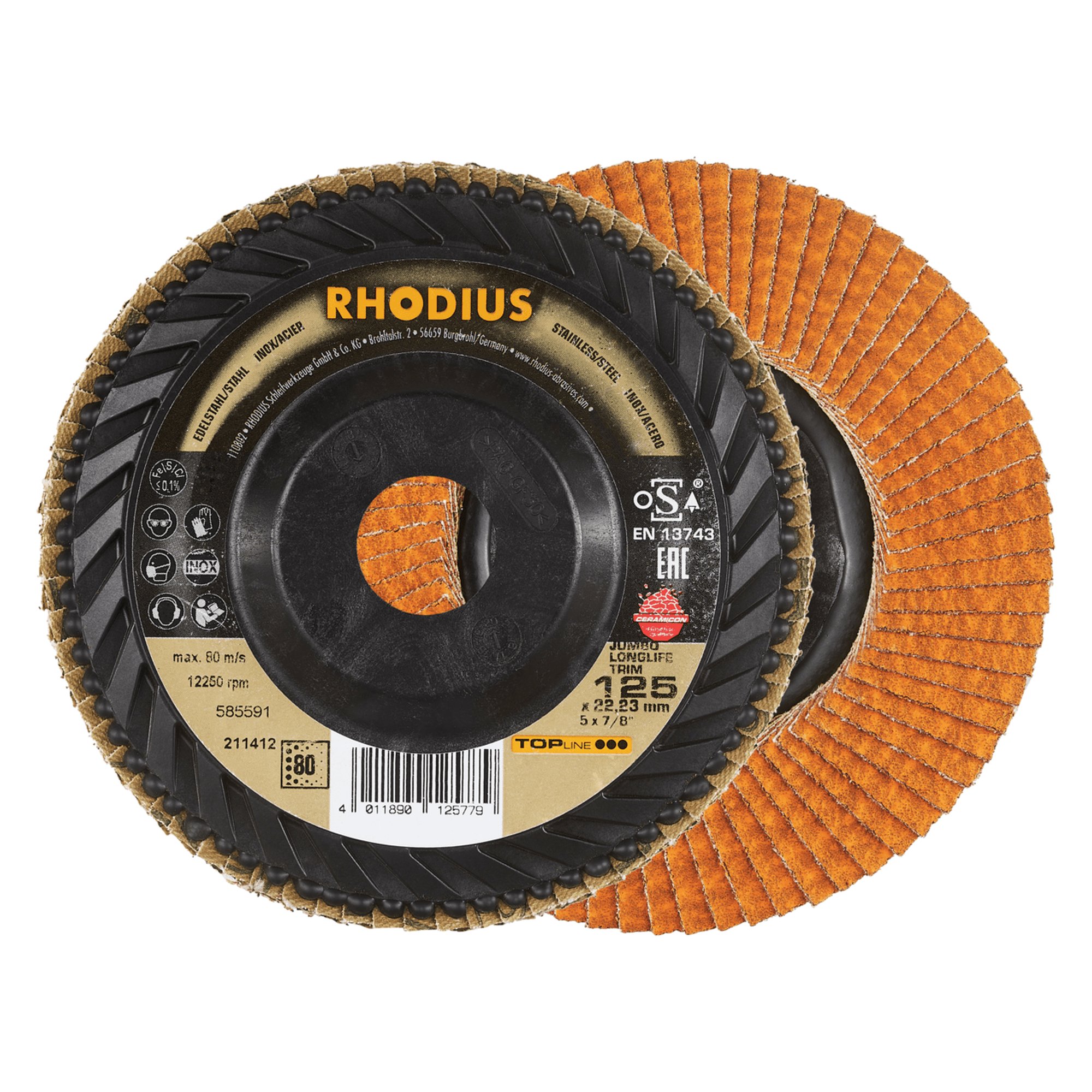 10 x RHODIUS Fächerschleifscheibe Fächerscheibe  LONGLIFE TRIM Ø 125 mm Korn 80