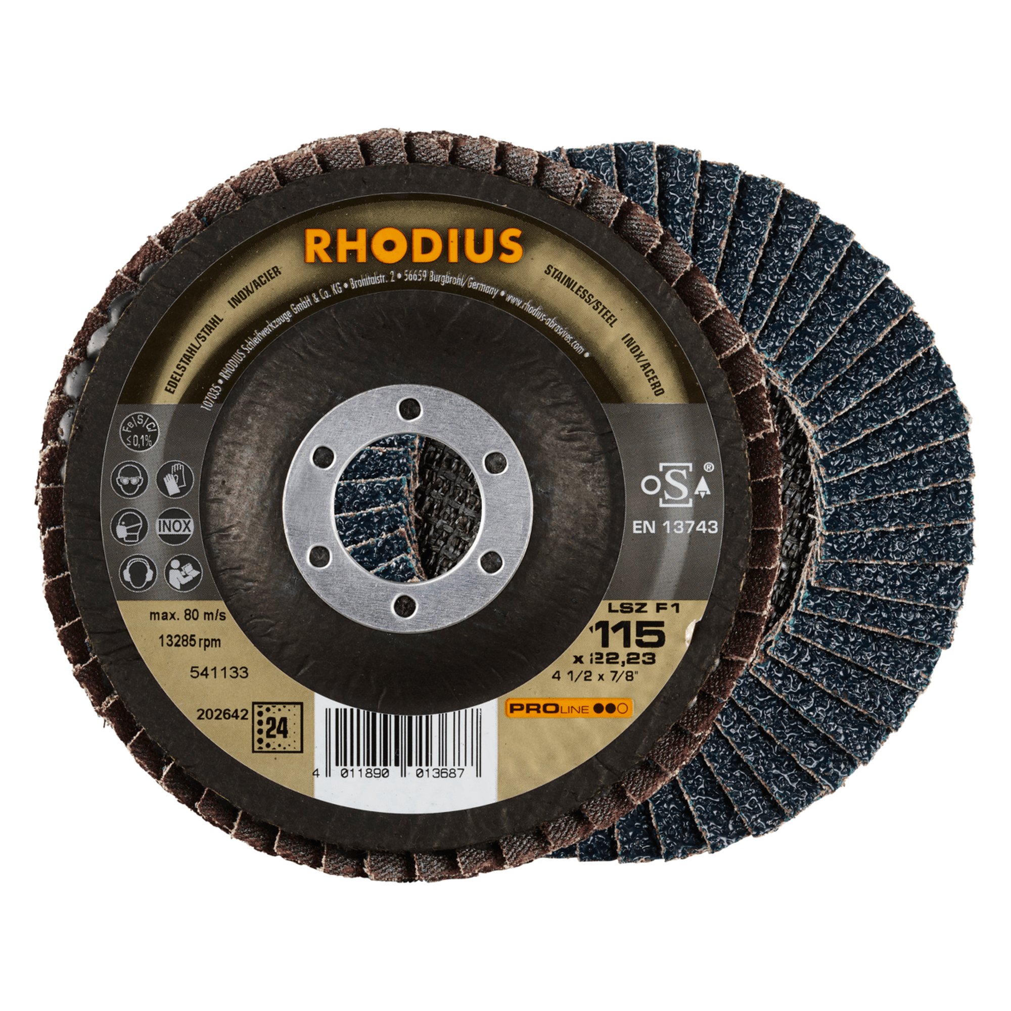 10 x RHODIUS Fächerschleifscheibe Fächerscheibe LSZ F1 Ø 115 mm Korn 24