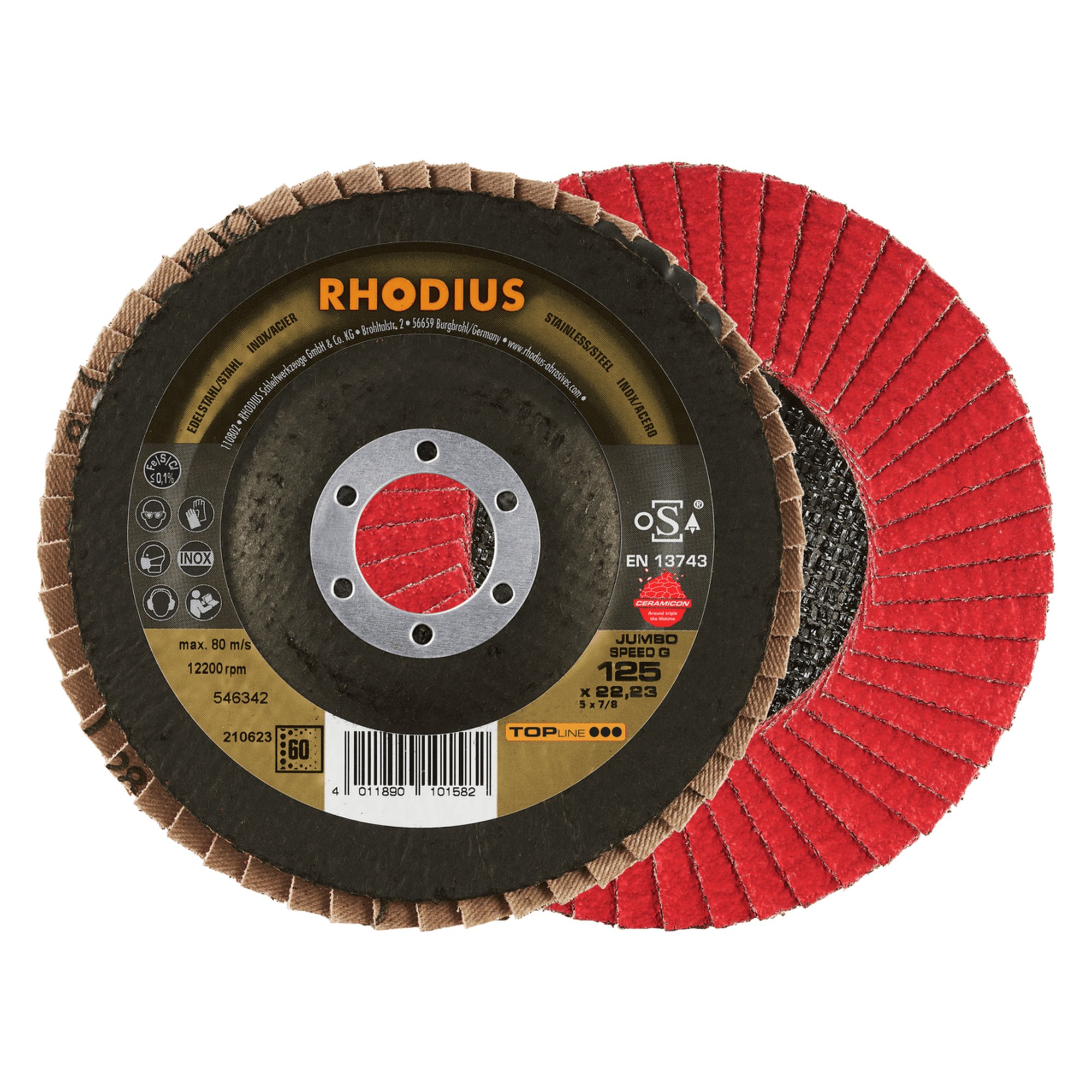 10 x RHODIUS Fächerschleifscheibe Fächerscheibe JUMBO SPEED G Ø 125 mm Korn 60