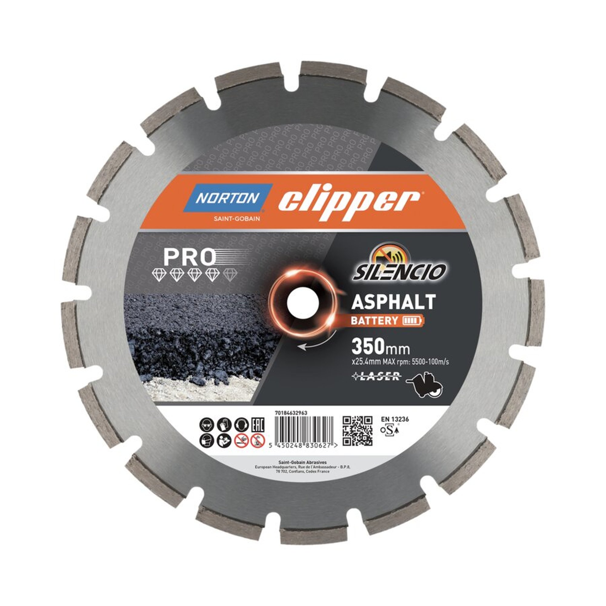 Norton Clipper PRO Diamantscheibe für Asphalt 350x25.4mm - Ideal für Batteriebetrieb