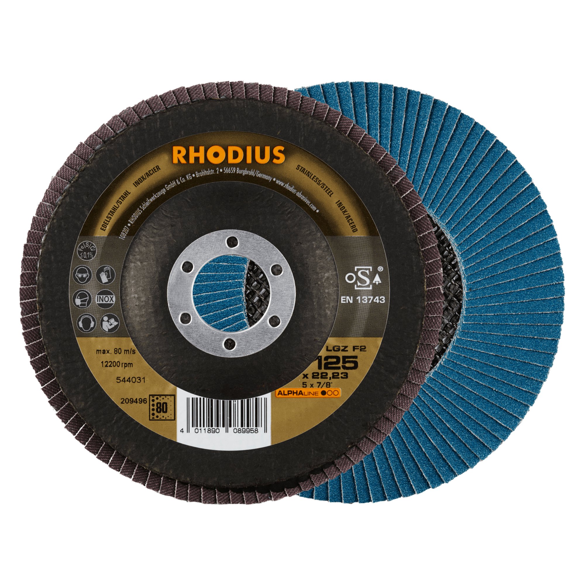 10 x RHODIUS Fächerschleifscheibe Fächerscheibe LGZ F2 Ø 125 mm Korn 80