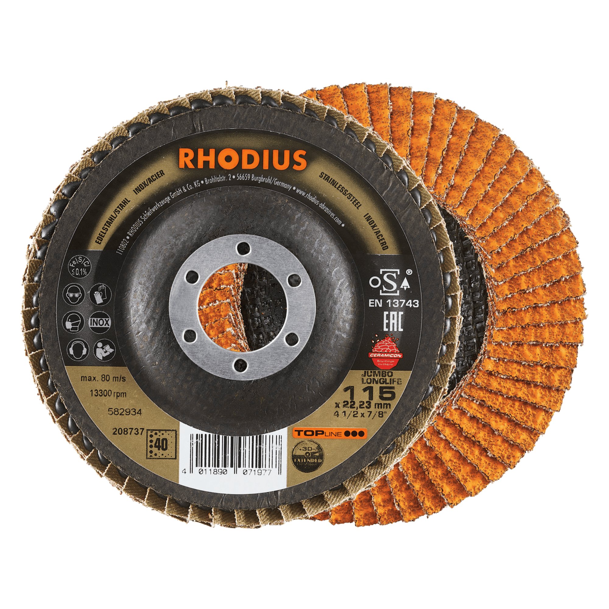 10 x RHODIUS Fächerschleifscheibe Fächerscheibe JUMBO LONGLIFE Ø 115 mm Korn 40