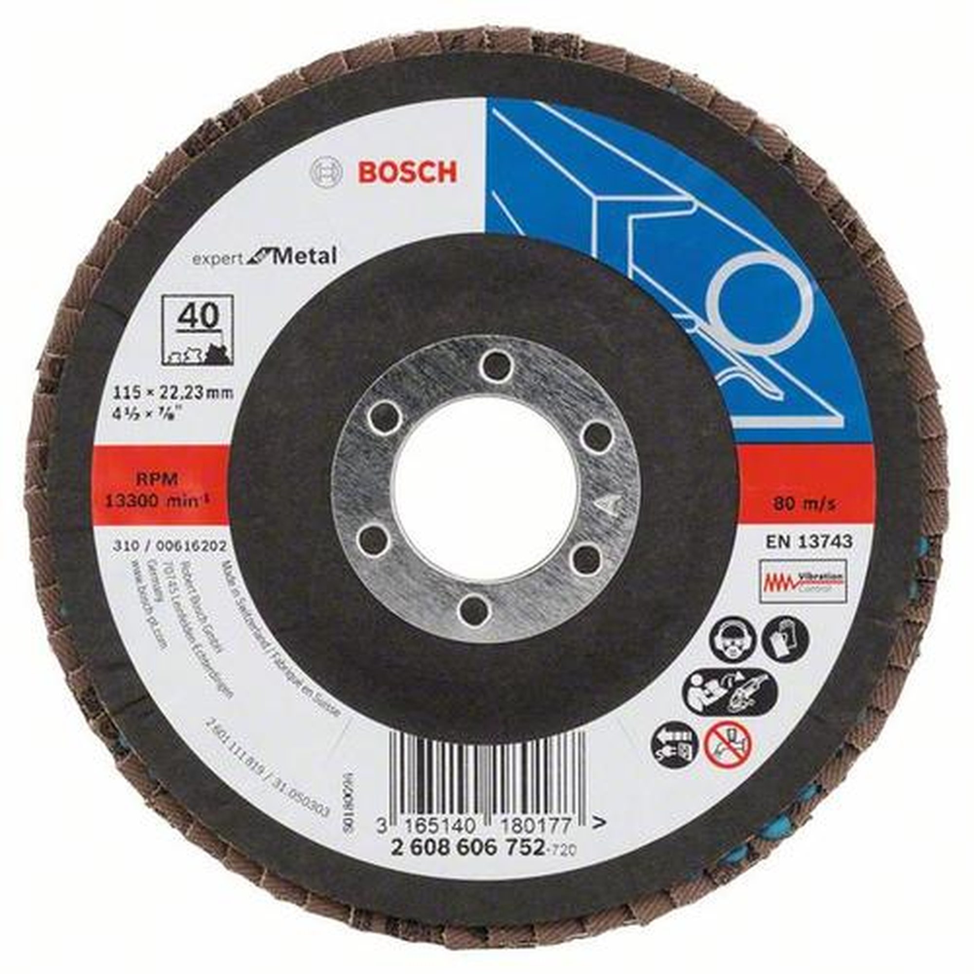 10x BOSCH Fächerschleifscheibe X551 Expert für Metall, gewinkelt, Ø 115 mm, 40, Glasgewebe